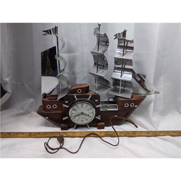 model ship clock with loghts - working, 19" long, 16" tall