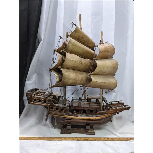 large wooden model ship with base - very detailed, 27" long, 32" tall
