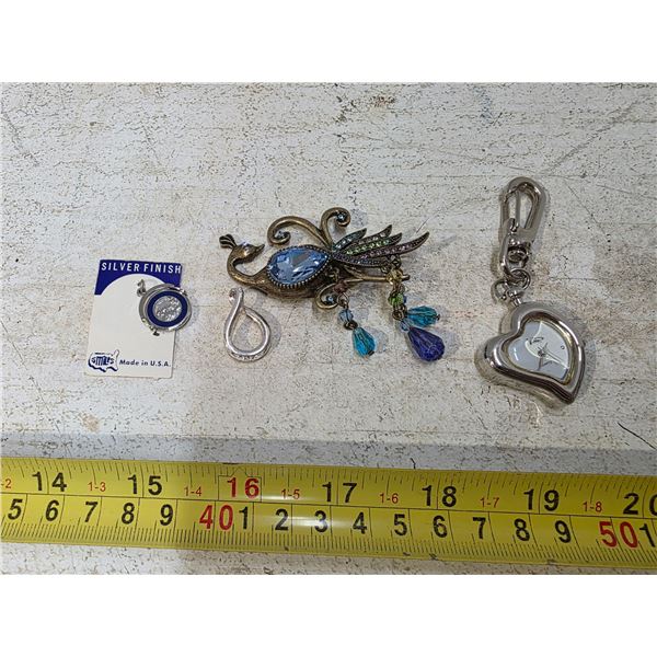 Peacock brooch and 3 pendants