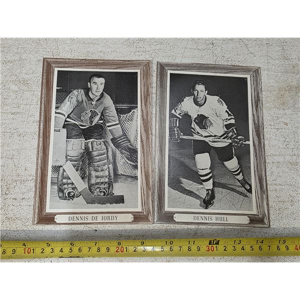 2- 1964/67 beehive hockey photos with wood grain- border dennis hall and dennis jordy