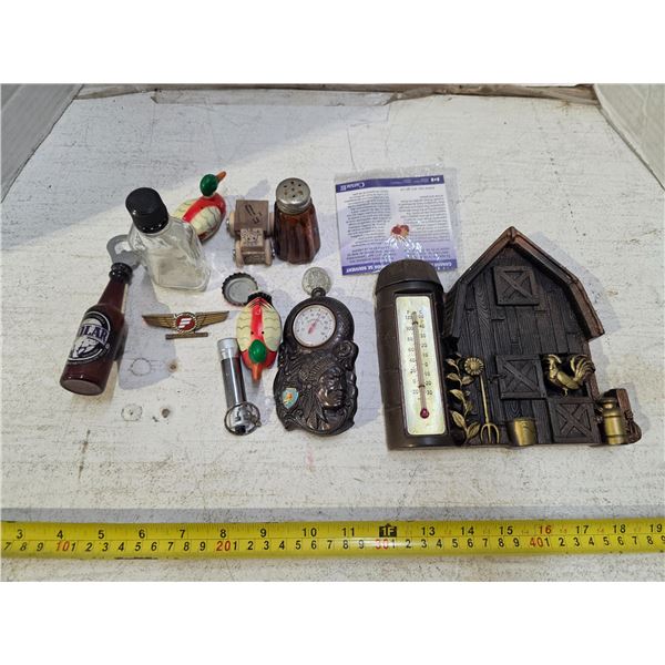 salt and pepper sackers and various ornaments, thermometer, bottle opener