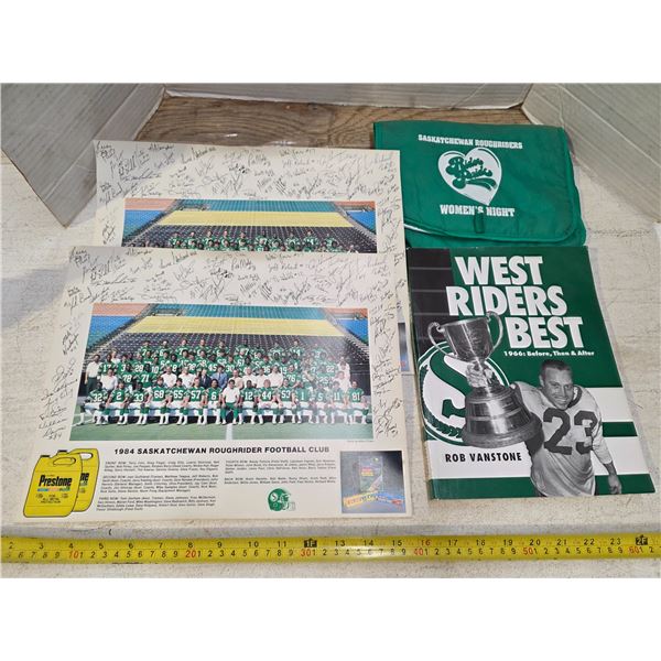 Lot of sask rough rider items, bag posters, playing cards