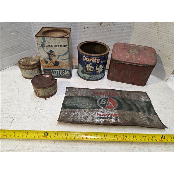 Vintage tins- snap hand cleaner, TB renowed purity jam, BA flattened oil tin