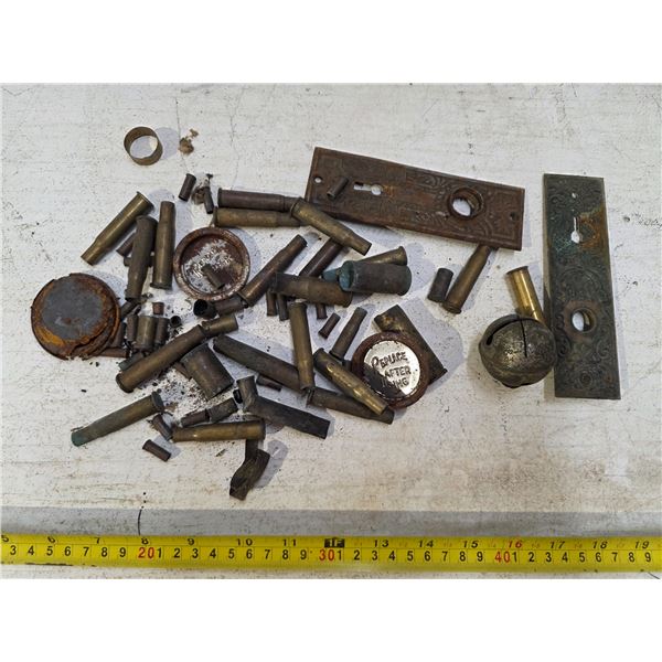 Lot of brass items, ammo casings, bell