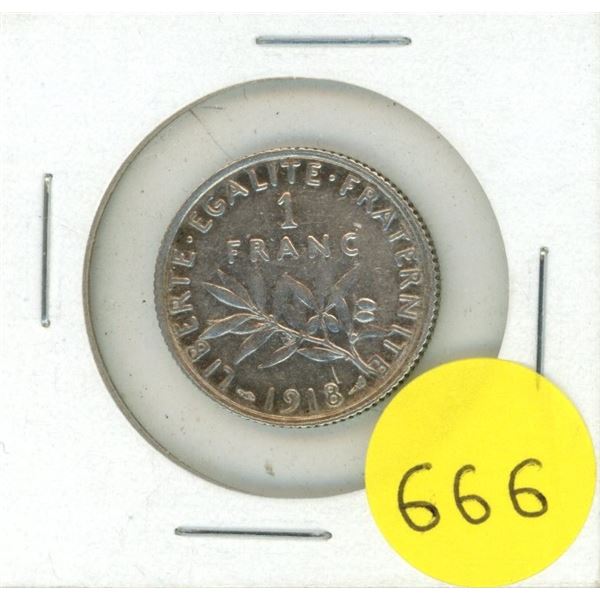 1918 French 1 Franc Semeuse (Sower) Silver Coin.