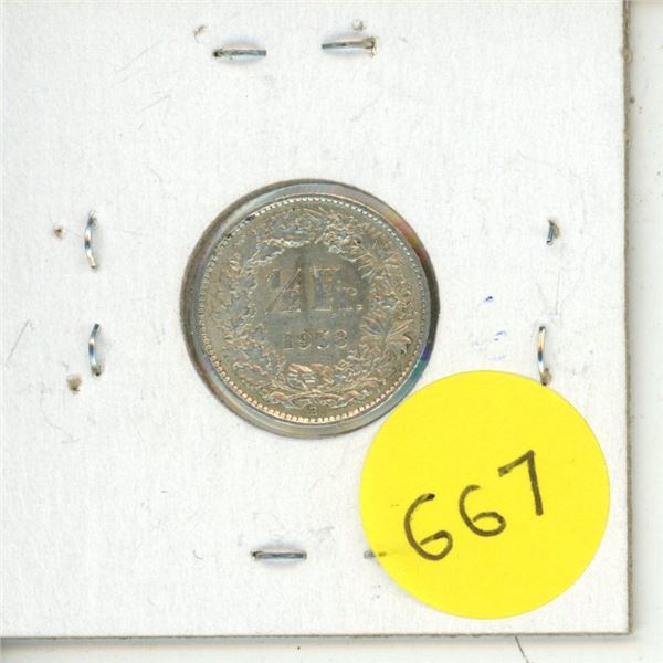 1958 Swiss 1/2 Franc Coin -Silver.