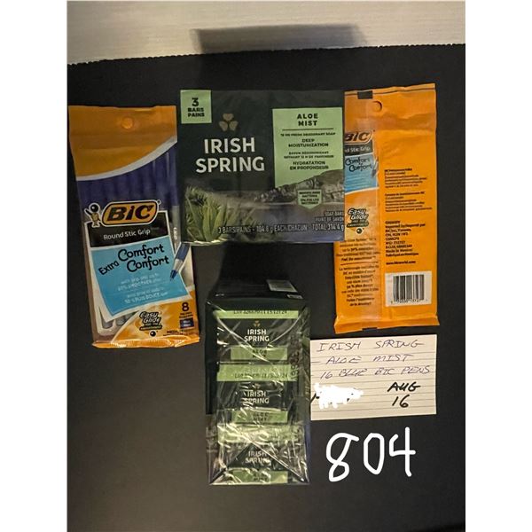 Irish Spring - Aloe Mist, 6 bars; 16 Blue Bic pens - medium tip
