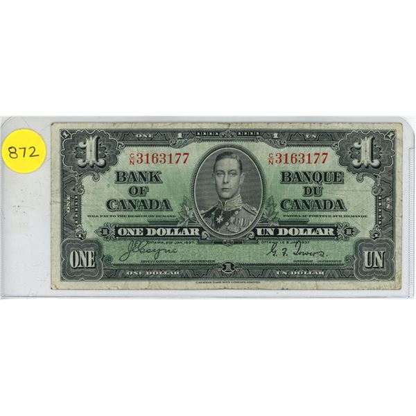 1937 bank of Canada $1 dollar bill- c/n 3163177