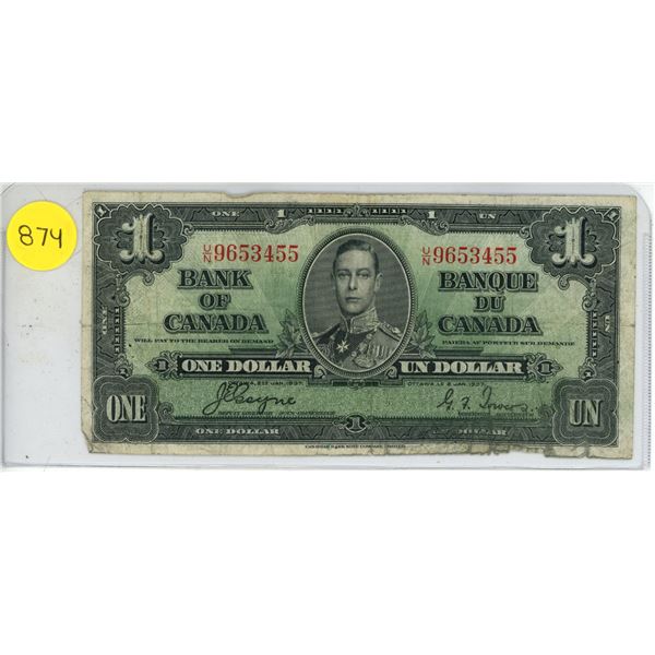 1937 bank of Canada $1 bill- U/N9653455