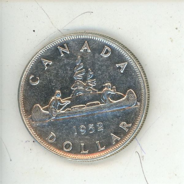 1952 no water lines Canada silver one dollar