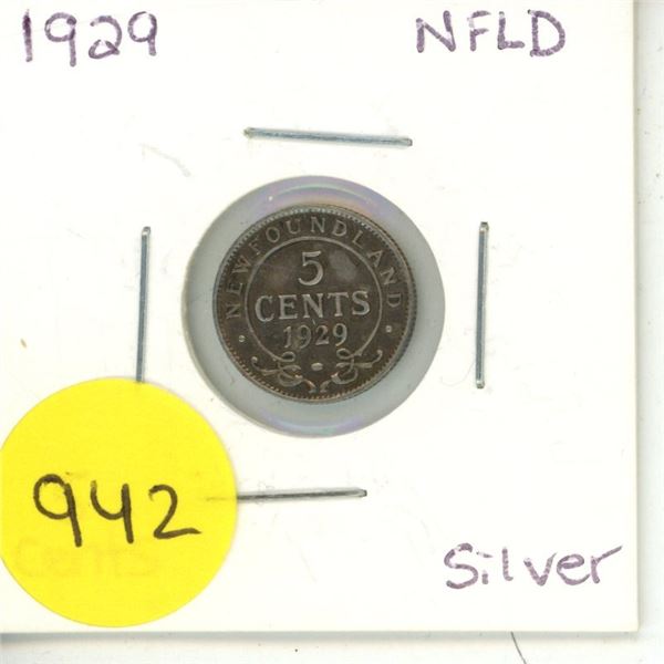1929 new foundland silver 5 cents coin
