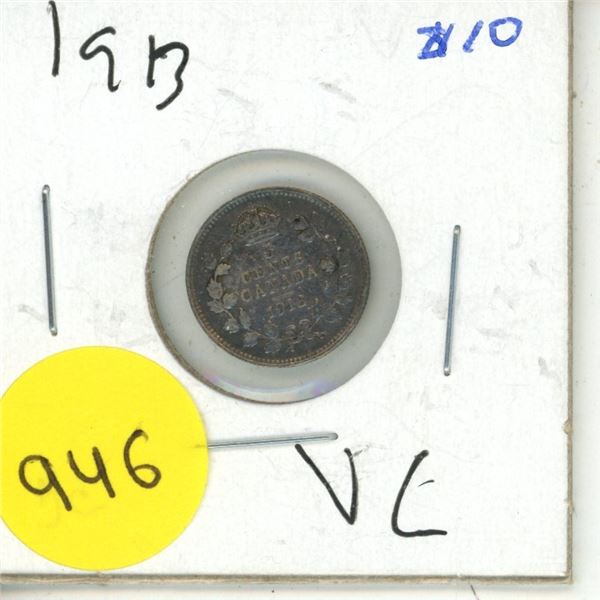 1913 Canadian silver 5 cents coin