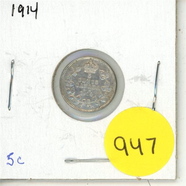 1914 Canadian silver 5 cents coin