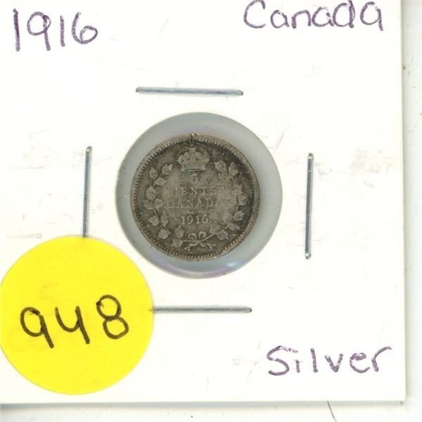 1916 Canadian silver 5 cents coin