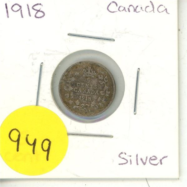 1918 Canadian silver 5 cents coin