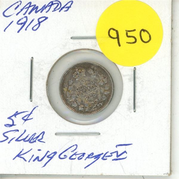1918 Canadian silver 5 cents coin
