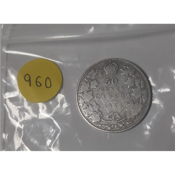 1913 Canadian silver 50 cents coin