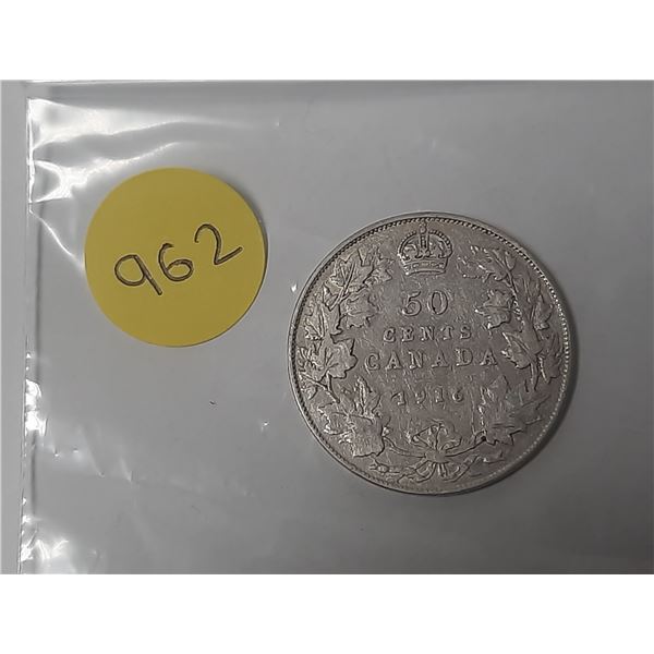 1916 Canadian silver 50 cents coin