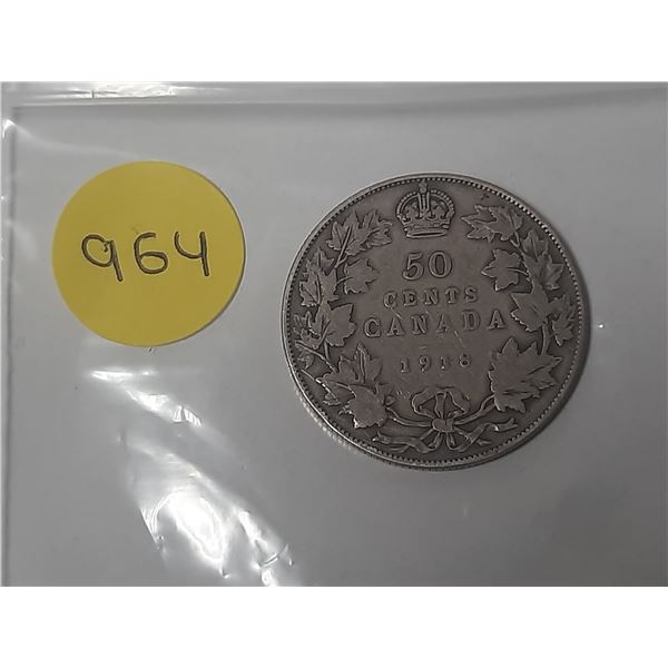 1918 Canadian silver 50 cents coin