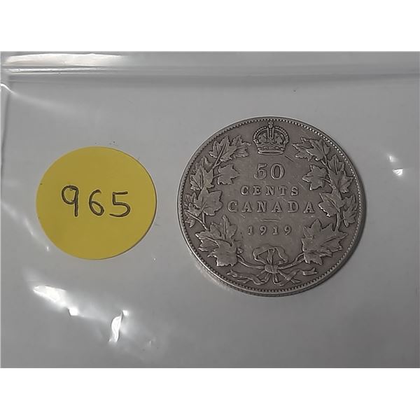 1919 Canadian silver 50 cents coin
