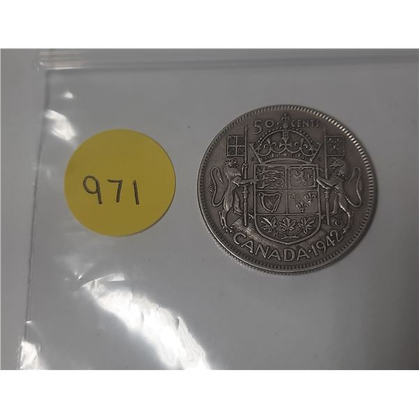 1942 Canadian silver 50 cents coin