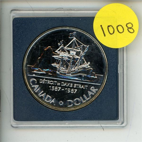 1987 canadian proof silver dollar coin-400th anniversary of john davis's exploration of the northern