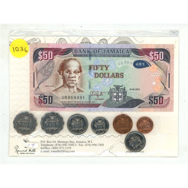 Jamaica fifty dollars 2013,2000(2) ten dollars, 1996 five dollars, 2015 one dollar, 2003 25 cents, 2
