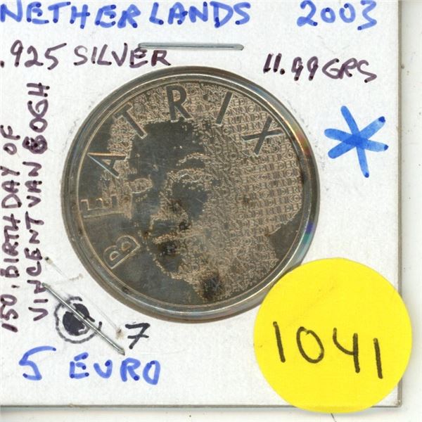 2003 netherlands 5 furo commemorative .925 silver coin-150th birthday of vincent van gogh