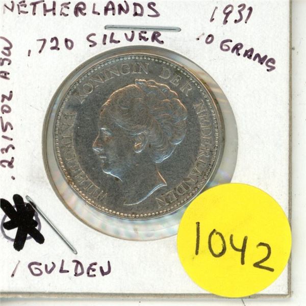 1931 netherlands 1 gulden silver coin (10 grams 720 silver)