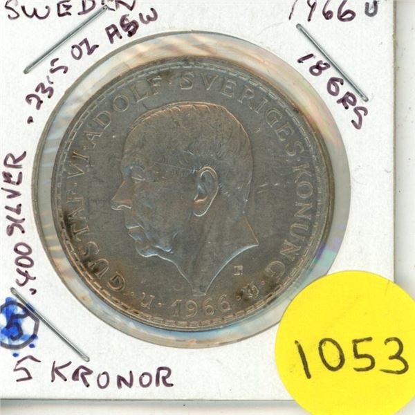 1966 swedish 5 kronor-.400 silver 0.235oz(ASW)