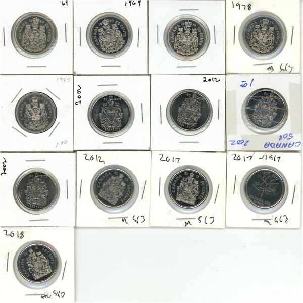 (2) 1969, 1972, 1978, 1985, (4) 2002, 2012, (2) 2017,2018 canada 50 cent coins