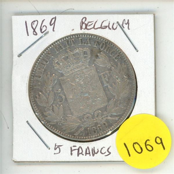 1869 belgian 5 frances silver coin-king leopold II.