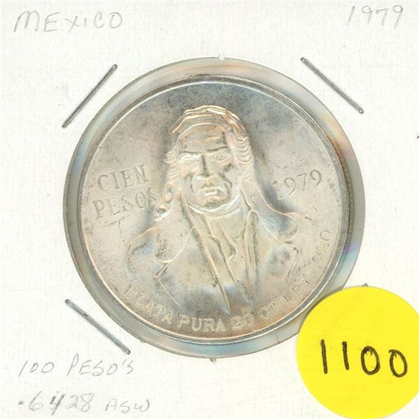 1979 mexican 100 pesos silver coin-(20 grams,  .720 silver)