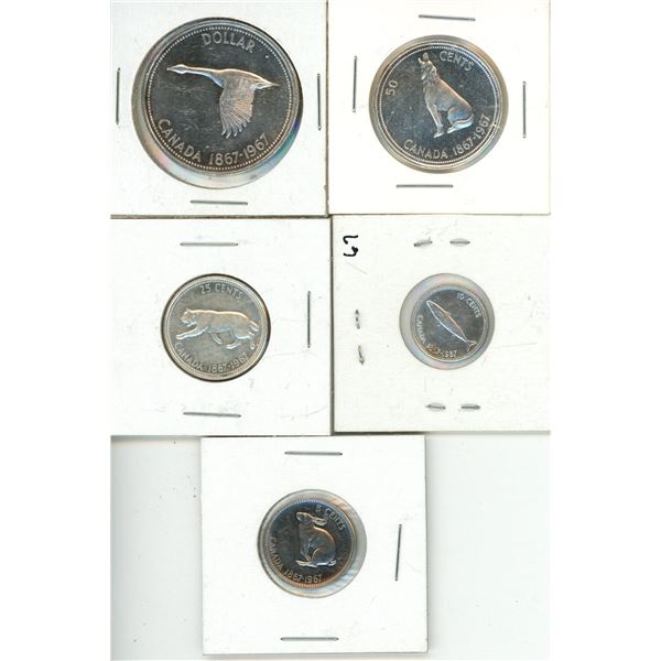 1967 canadian proof set. ($1, 50 c, 25, 10, 5 cent)