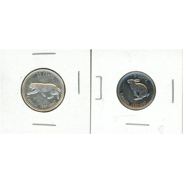 1967 canadian 25 and 5 cents coins