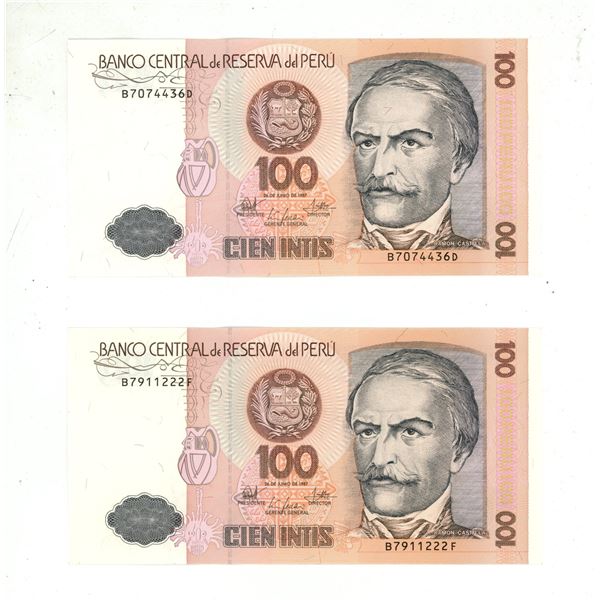 1987(2) 100 cien intis banknote from peru(uncirculated)