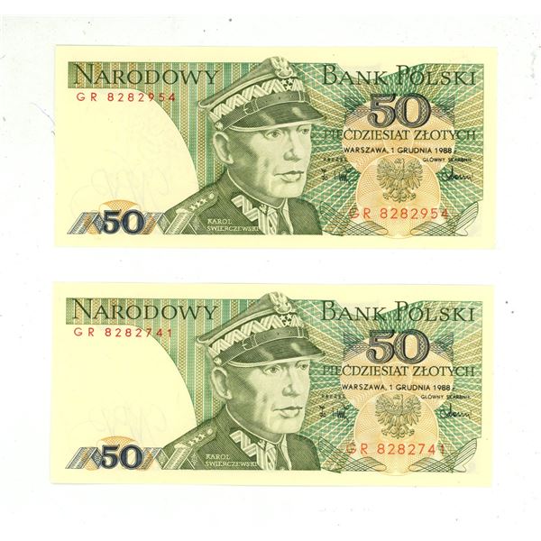 1988(2) 50 polish zloty banknote from poland( uncirculated)