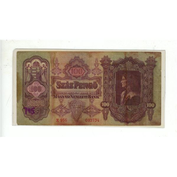 1930 hungarian 100 pengo banknote