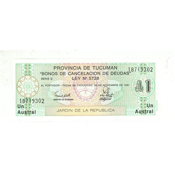 1991 argentina tucuman province one 1 austral dept cancelation bond