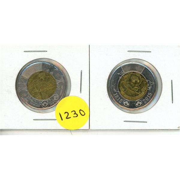 2015 canadian $2 100th anniversary of the writing of the poem"In flanders fields" and 2015 $2 200th 