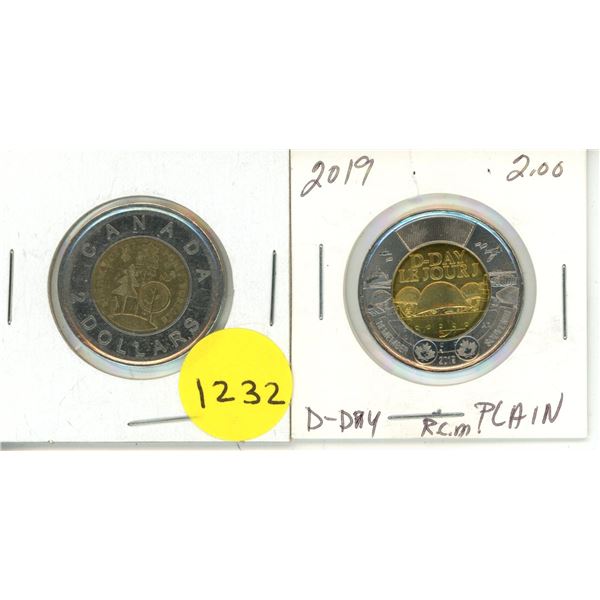 2011 canadian $2 boreal forest toonie and 2019 canadian $2-75th anniversary of D-day
