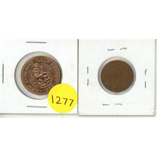 1955 New Zealand Half Penny Proof Like and 1972 New Zealand 2 Cents Coin.