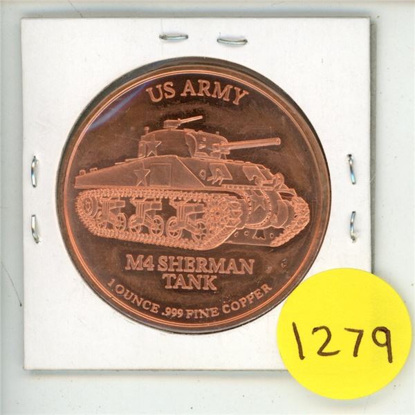 US Army M4 Sherman Tank - 1 Ounce .999 Fine Copper.