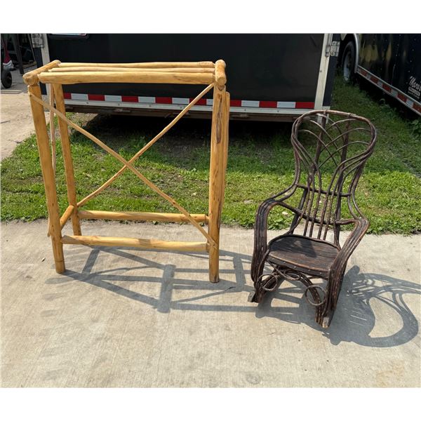 ANTIQUE BENTWOOD HICKORY AND OAK TWIG ROCKER AND LOG WOOD TABLE