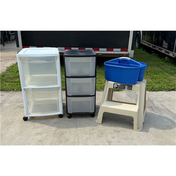 PLASTIC STORAGE TOTES, STEPSTOOL, AND CADDIE