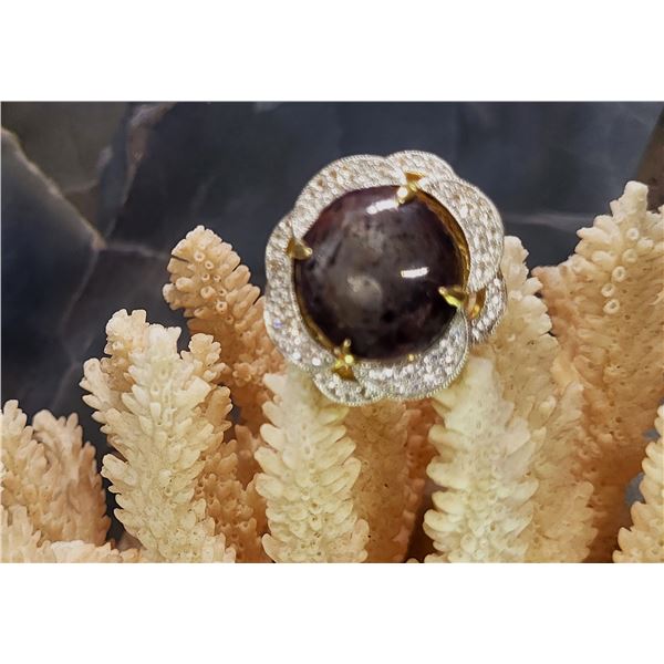 Ruby and White Sapphire Flower Petal Halo Ring COA