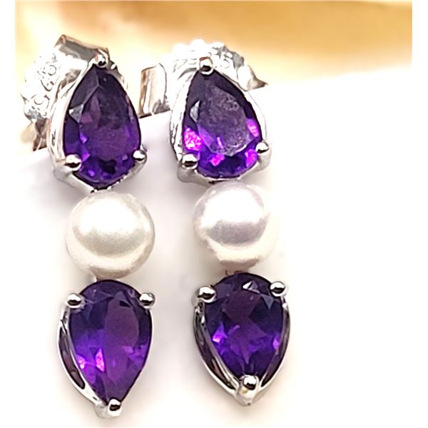 Amethyst and Cultured Pearl Drop Earrings