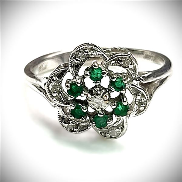 Emerald Cluster Ring with Diamond Swirl Halo