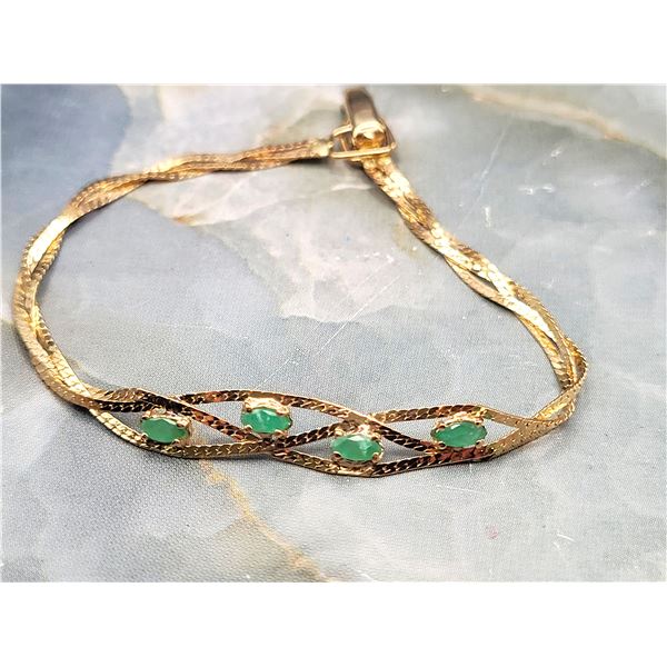 Vintage 14K Braided Herringbone & Emerald Bracelet