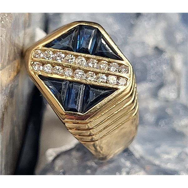 Man's Contemporary Blue Sapphire and Diamond Ring